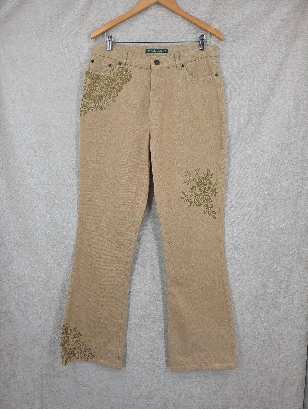 Lauren Ralph Lauren Vintage Tan Boot Cut Denim Jeans with Metallic Gold Floral